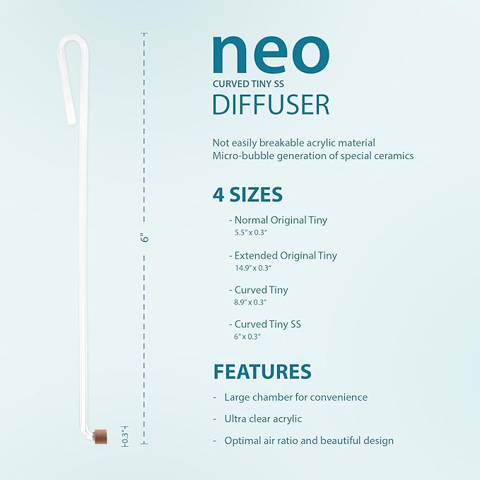 Aquario Neo CO2 Aquarium Diffuser - CO2 Diffuser Aquarium Kit, CO2 Diffuser for Aquarium Plants, CO2 System for Aquarium - Curved Diffuser, Tiny - Short