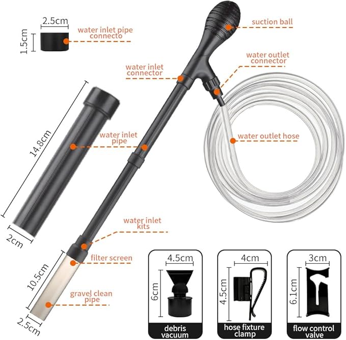 Small Gravel Vacuum for Aquarium, Adjustable Length Manual 80GPH Aquarium Gravel Cleaners, Low Water Level Fish Tank Water Changer with Suction Ball, Use for Fish Tank Cleaning Gravel and Sand