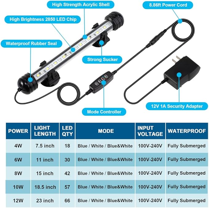 DaToo 4W 7.5inch Submersible Aquarium Light Underwater Fish Tank Light LED Aquarium Light Bar with Timer Auto On/Off and Dimmer Adjustable Brightness, 1 Yr Warranty