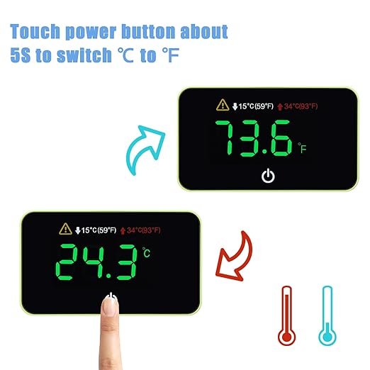 Aquarium Digital Thermometer with LED Touch Screen - Stick-on Fish Tank Thermometer for Betta Tanks, HI/LO Temperature Alarm, Cordless Waterproof Sensor, CR2032 Battery (14-140°F/-10-60°C)