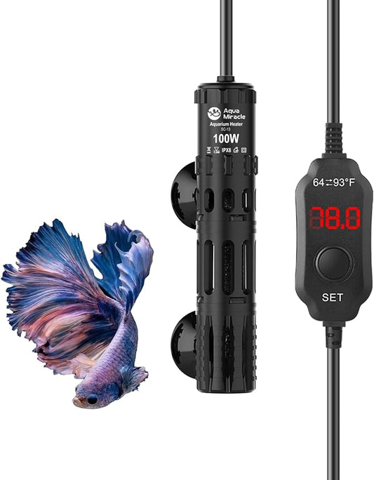 AquaMiracle Submersible Aquarium Heater, 100W Fish Tank Heaters with LED Digital Temp Display, Dry-Run Auto Power-Off & Overheat Protection, for Freshwater and Saltwater Tanks (10-20 Gal)