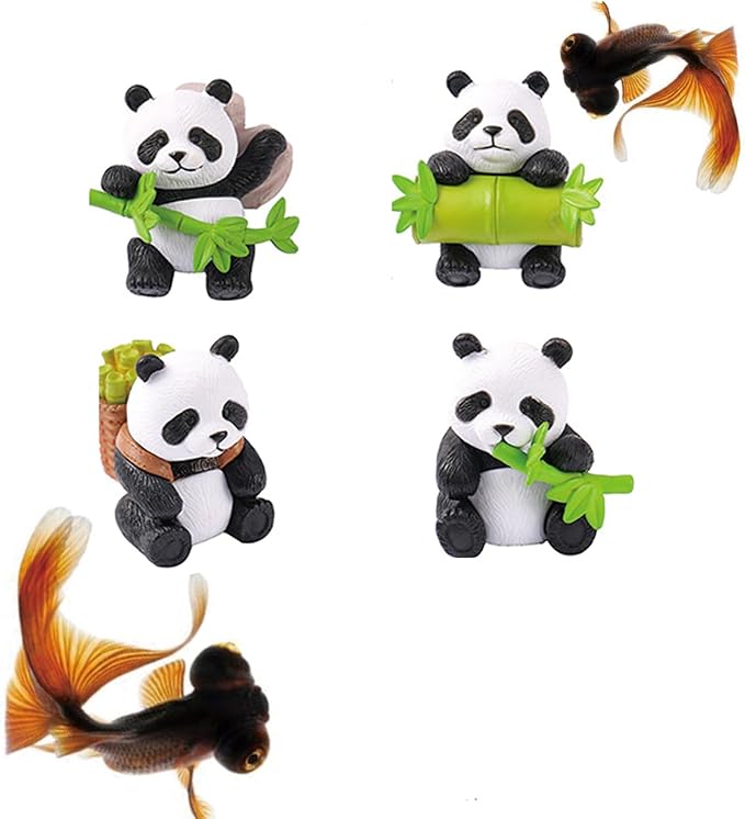 4 Pack Panda Car and Fish Tank Decoration, Cute Lively Aquarium Decor, Animal Display With Bamboo Ornament, Artificial Resin Accessories (Set 1)
