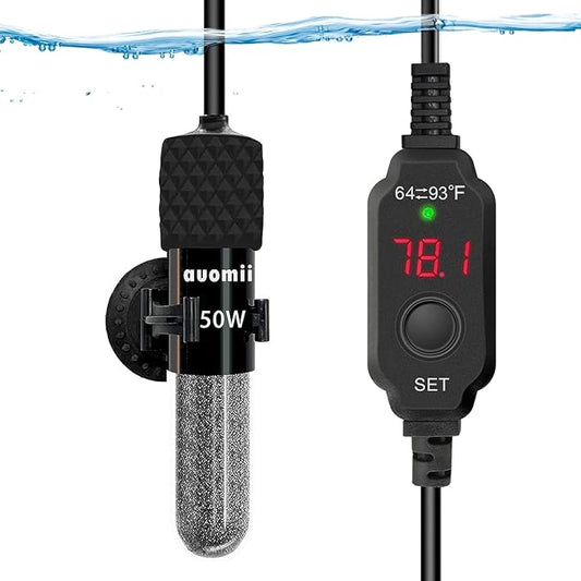 Small Submersible Aquarium Heater,Adjustable Mini Fish Tank Heater 25/50/100/150/200/300 Watts with External Temperature Controller, LED Display, Smart Memory, Used for 1-60 Gallons (50W)
