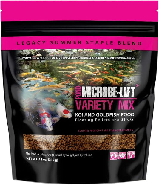 MICROBE-LIFT MLLVMSM Variety Mix Floating Fish Food Pellets and Sticks for Ponds, Water Gardens, and Fountains, for Live Goldfish and Koi, 11 Ounces