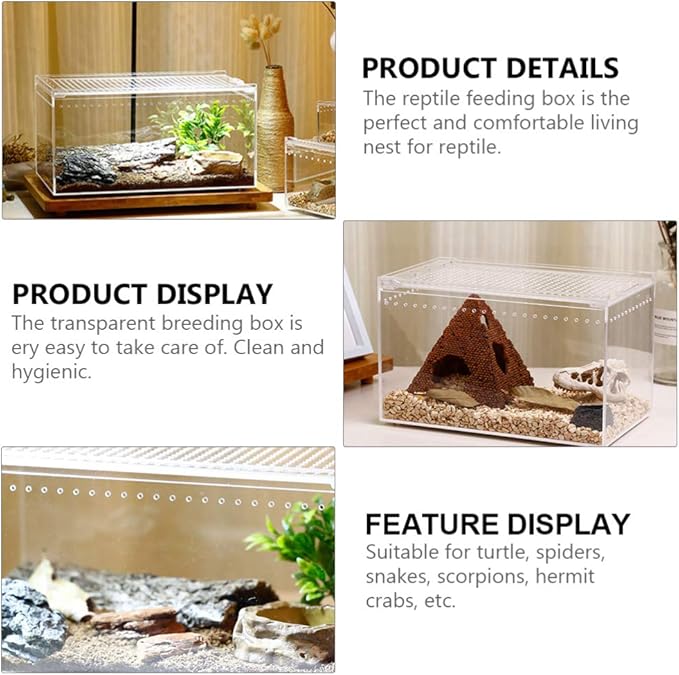 Aquarium Breeding Tank Transparent Reptile Feeding Box Clear Acrylic Terrarium Tank for Lizard Hermit Crabs Geckos Frogs Spider and Smaller Animal 30x20x15cm