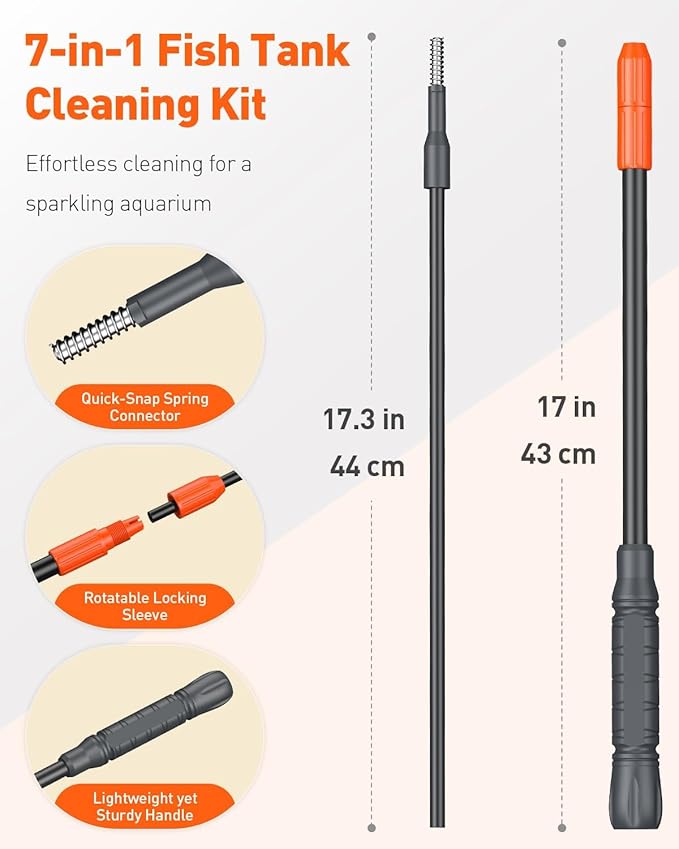 Pawfly Aquarium Cleaning Tools, 7 in 1 Fish Tank Cleaning Kit, Algae Scraper, Sponge Scrubber Pad, Brush, Gravel Rake & Fish Net with Adjustable Long Handle, Tank Cleaner Set