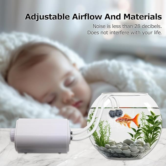 Mini Air Pump Aquarium Quietest for Fish Tank 5 to 75 Gallons, Adjustable Dual-Outlet Bubbler for Bait 3W 108GPH, with Air Stones, Airline Tubing, Check Valves, Suction Cup