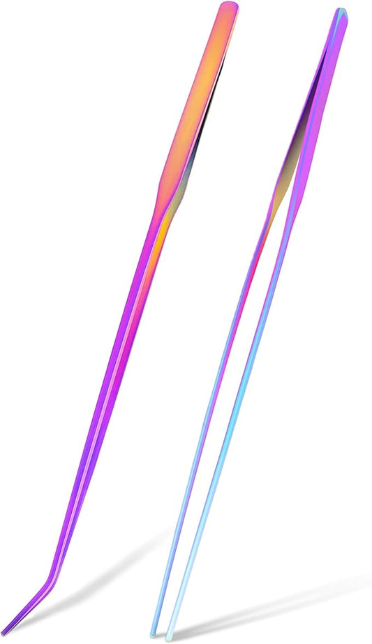 Mandala Crafts 15 Inches Rainbow Stainless Steel Straight and Curved Aquarium Tweezers for Aquatic Plants – Long Aquascape Forceps for Fish Tanks, Hospital Tanks, Goldfish Bowls, and Terrariums