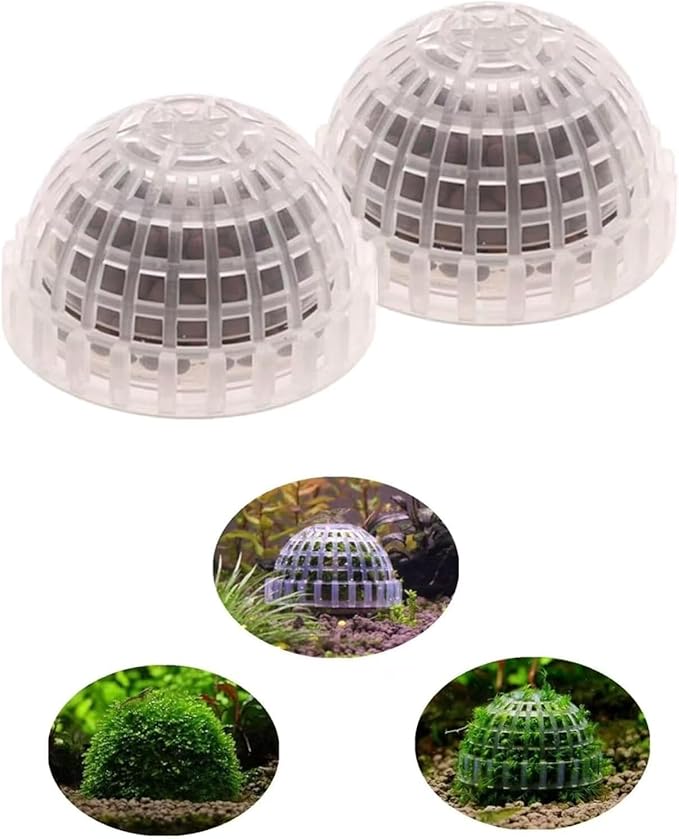 2 Pack Aquarium Moss Ball Holder, Hollow-Designed Plastic Plant Holder with Filter Stone for Shrimp & Fish Tank Decorations