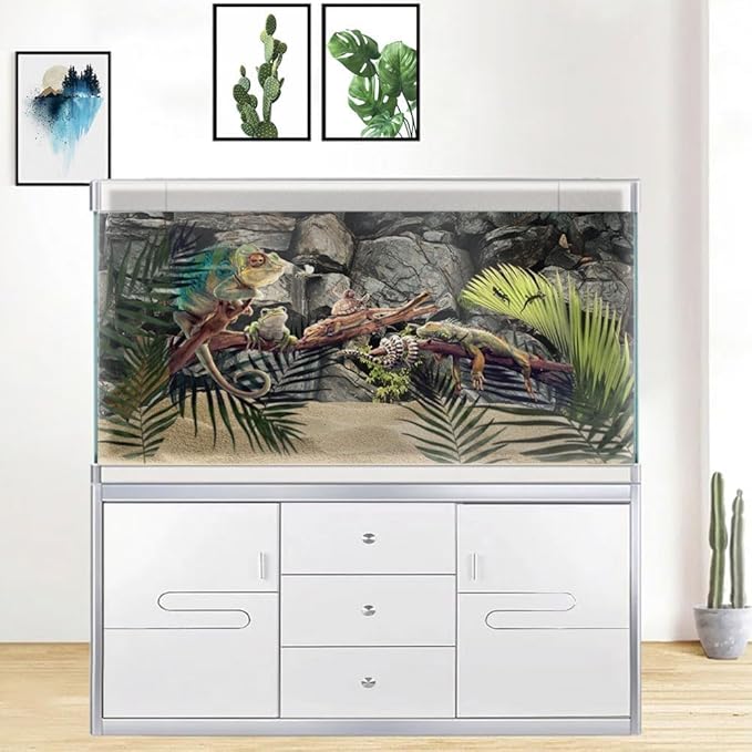 36X24IN Stone Aquarium Background, Rock Fish Tank Background, Natural Rocky Glass Terrarium Background with 8 EVA Double-Sided Tape