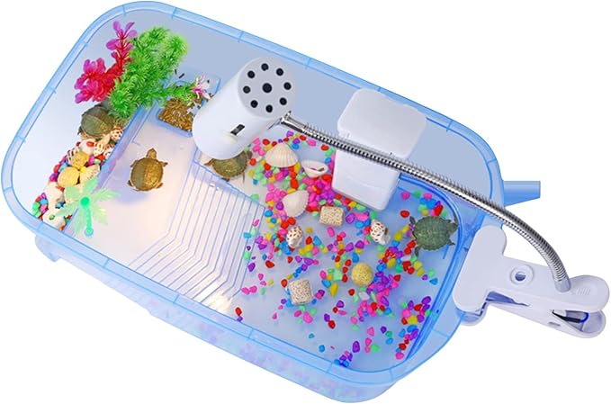 Turtle Aquarium Tank with Platform Habitat for Terrapins - Transparent, Multi-Function Areas, Bottom Drainage-Plug - Blue, Purple, or Orange