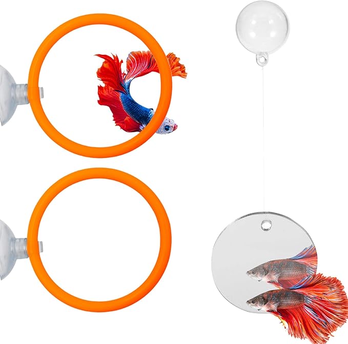 Beta Fish Aquariums Accessories, 1 Fish Mirror with Floating Ball & 2 Exercise Training Ring Toys, Fish Feeding Ring, Betta Fish Toys Set for Tank, Enrichment Toys for Fish
