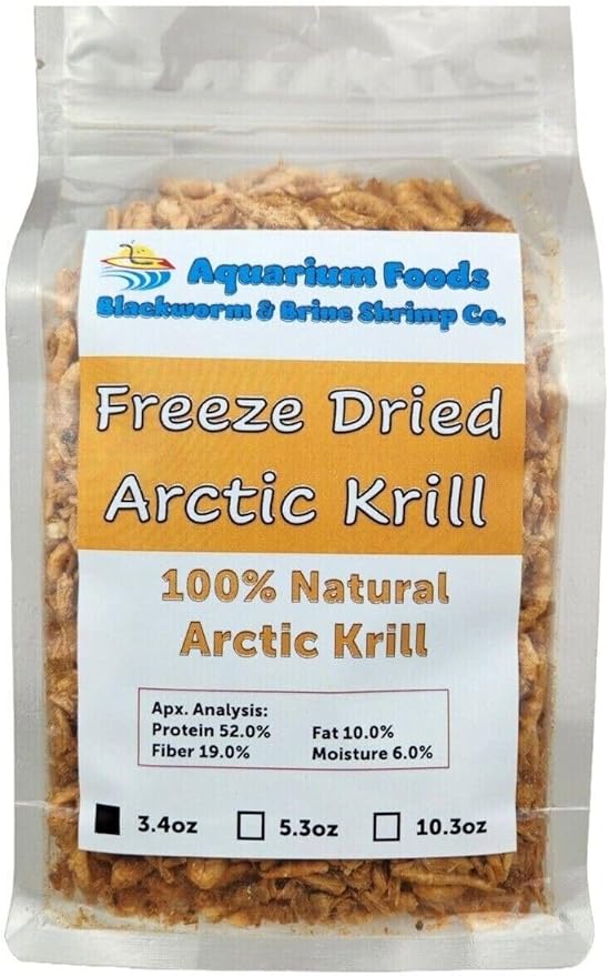 Arctic Krill, Floating Freeze Dried Krill for Tropical Fish, Marine Fish, Cichlids, Catfish, Pond Fish, Aquatic Turtles, Land Turtles, Hamsters, Rodents, Reptiles…3.4oz Clear Bag