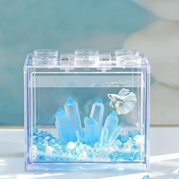 Small Fish Tank Decor Artificial Crystals Aquarium Betta Fish Tank Decorations Mini Crystal Ornaments Resin Accessories (Light Blue)