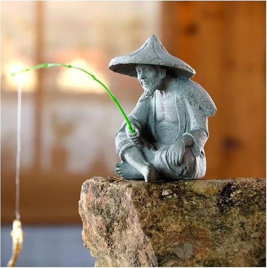 livelyfish Mini Fisherman Statue Asian Zen Decoration Sitting Fishing Figurines Sandstone Vintage Ornament for Aquarium Fish Tank Pot Garden Home Japanese Decor, C