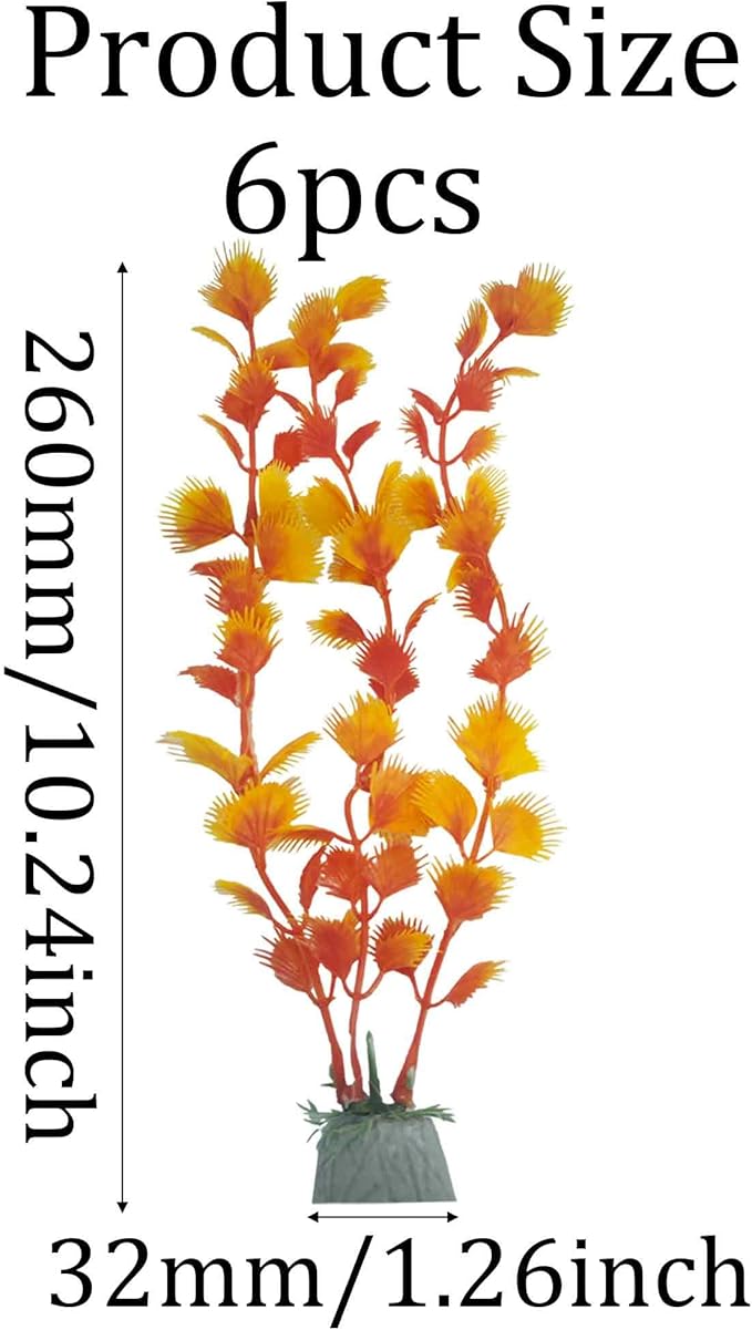 6PCS 10 Inches Tall Orange Seaweed Grass Artificial Aquarium Plants, Plastic Fish Tank Decorations for Freshwater and Saltwater Tanks