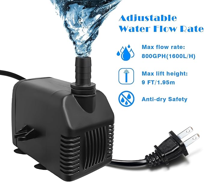 800GPH Submersible Water Pump (3000L/H, 24W), Ultra Quiet Fountain Pump with 2 Nozzles, 6.5ft Power Cord for Fish Tank, Pond, Aquarium, Statuary, Hydroponics