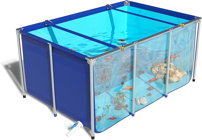 Fish Tank with Clear Panel, Canvas Goldfish Pond with Steel Frame, Transparent Aquarium Tank with Drain Valve for Fish Breeding and Display, Foldable Water Storage (59X39X28in)