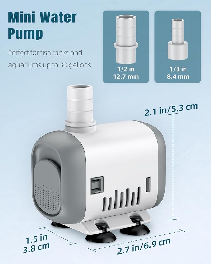 Pawfly Small Fountain Pump, 130 GPH Submersible Water Pump for Fountain, 8 W Mini Water Pump with 2.6 ft. High Lift, Quiet Water Fountain Pump for Aquarium Fish Tank & Waterfall
