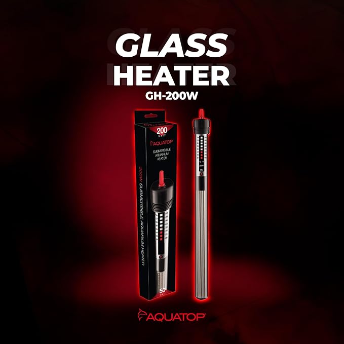 Aquatop 200W Submersible Aquarium Glass Heater – Adjustable Temperature for Tanks Up to 50 Gallons, Freshwater & Saltwater Use, GH-200