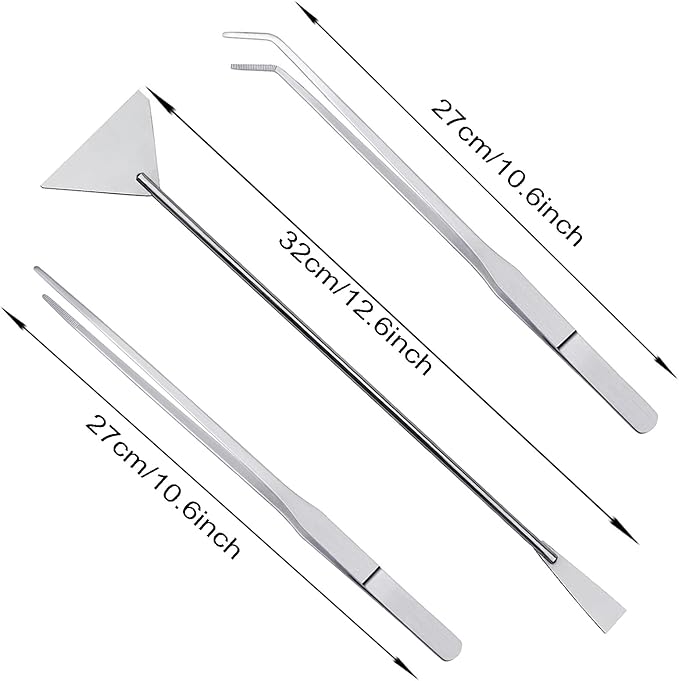 3Pcs Aquascaping Tools Kit, Long Stainless Steel Aquatic Plant Tweezers, Scrapers, Long Handle Feeder Tools for Fish Aquariums, Reptiles Snakes Lizard Gecko Spider and Bird (Silver)