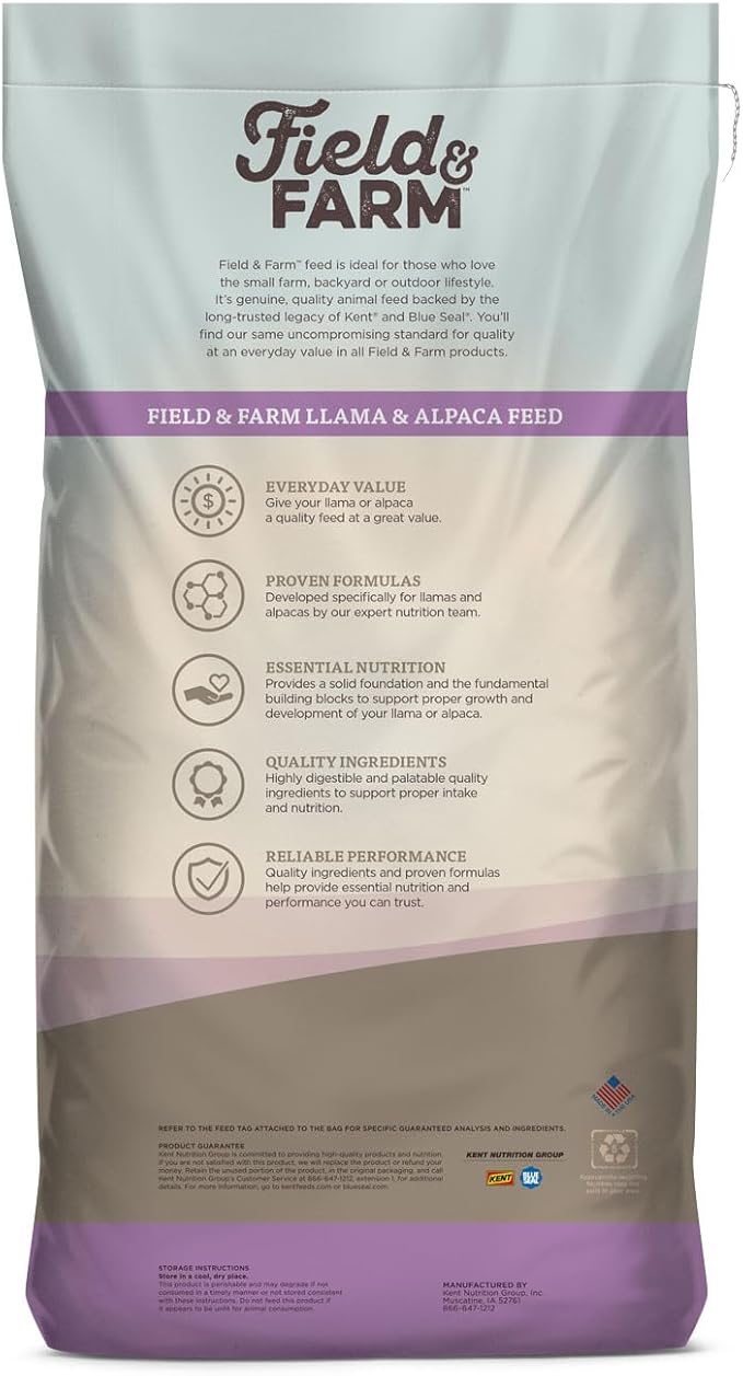 KENT Field and Farm Llama and Alpaca Pellet Feed | Optimum Vitamins and Nutrience, Balanced Diet, Ingredients | 50 Pound Bag