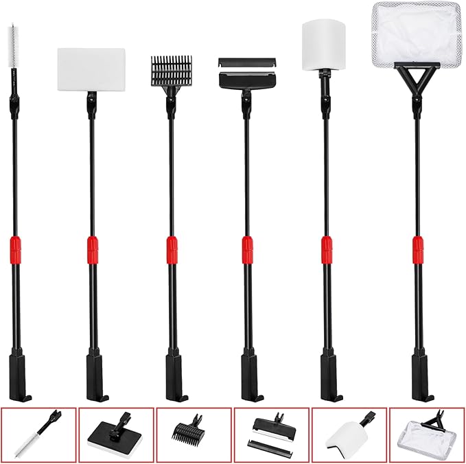 TOPZEA 6 in 1 Aquarium Cleaning Tool Kit, Fish Tank Cleaner Set with Adjustable Telescopic Long Handle (21-32 Inch) Include Algae Scraper, Scrubber Pads, Fish Net, Tube Cleaning Brush, Gravel Rake