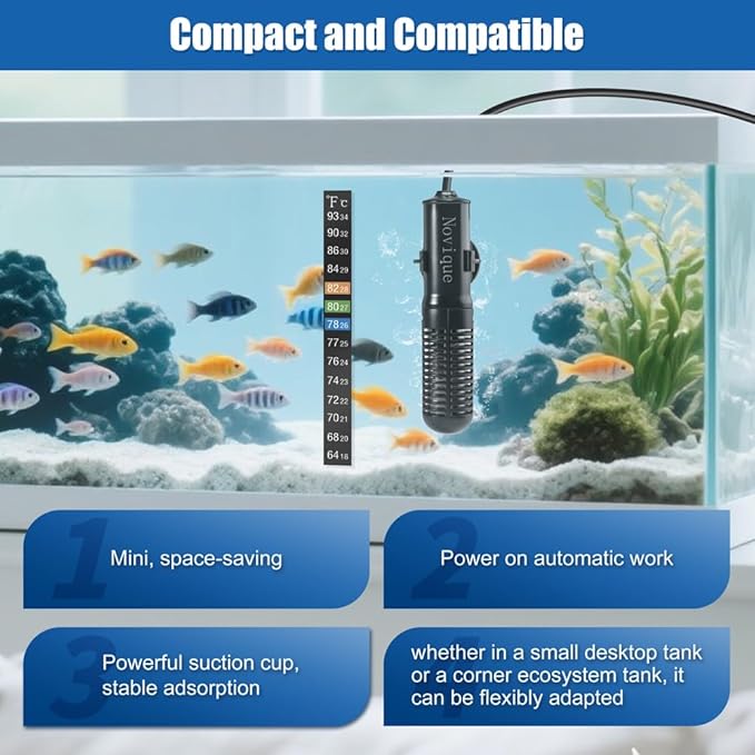 25W Mini Aquarium Heater Submersible Constant Temperature Fish Tank Betta Heater Free Thermometer Sticker Suitable for 1-6 Gallons Saltwater and Freshwater Tanks