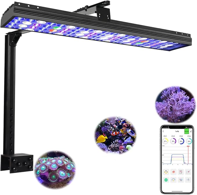 PopBloom Hertz 54 Reef Timer Control LED Aquarium Light Full Spectrum Marine Fish Coral Light for 60cm 24inch 2ft Tank (Smart-APP Control, with Arm Kit)