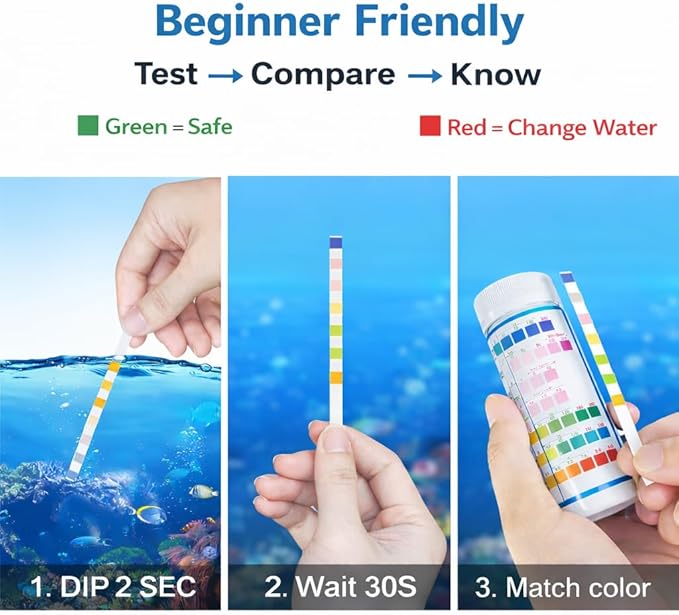 Aquarium Test Strips for Freshwater Fish: 7 in 1 Fish Tank Water Testing Kit for Aquarium Pond - Accurate Testing Nitrate Nitrite Hardness Free Chlorine pH Carbonate Total Alkalinity-100 Strips
