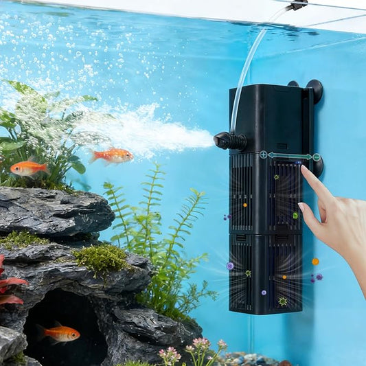 Aquarium Filter Water Flow Adjustable for 20-40 Gallon Fish Turtle Tank 132GPH 4in1 Biochemical Filtration Powerful Submersible Internal Pumps & Filters Keep Freshwater Saltwater Crystal Clear Small