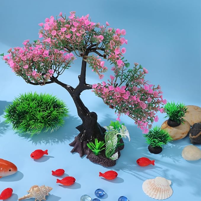 Kisangel Artificial Aquascaping Plants Kit, Pink Bonsai Tree Fake Plastic Ornaments, Japanese Style Décor for Fish, Turtle & Axolotl Habitats, 11.4" x 9.4"