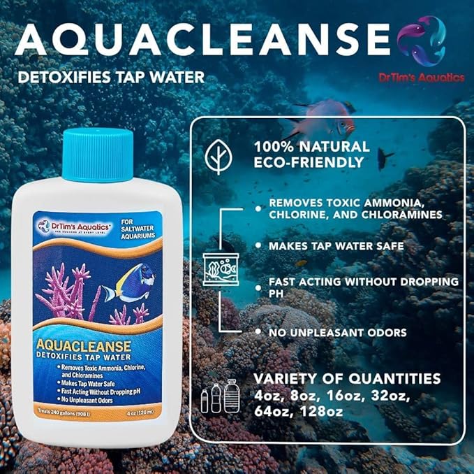 DrTim’s Aquatics AquaCleanse for Saltwater Aquariums – 32 oz – Tap Water Detoxifier, Dechlorinator & Ammonia Reducer for New and Cycled Fish Tanks