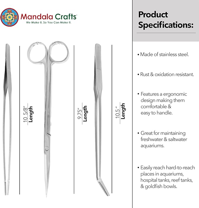 Mandala Crafts Stainless Steel Aquascaping Tools Kit – Aquarium Plant Tools with Tweezers and Scissors for Fish Tanks, Hospital Tanks, Goldfish Bowls, Aquariums, and Terrariums