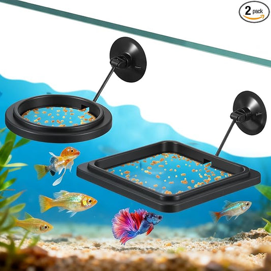 2Pcs Fish Feeding Ring for Aquarium, Aquarium Feeding Ring, Black Turtle Feeding Ring with Suction Cup, Square & Round Floating Food Feeder for Betta, Goldfish, Guppy, Turtle & Small Fish