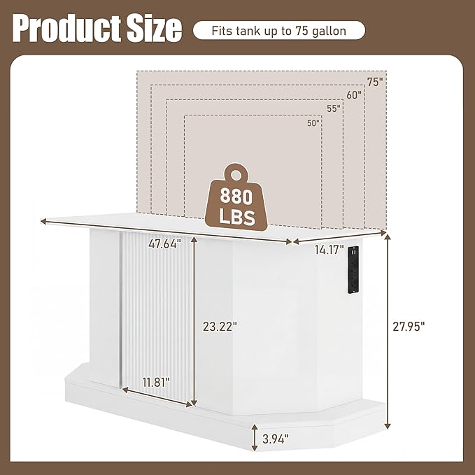55-75 Gallon Fish Tank Stand with Power Outlet, Modern Heavy Duty Aquarium Stand with Cabinet Storage for Fish Tank/Turtle Tank/Reptile Terrarium, 880LBS Capacity, White