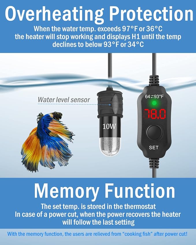 AquaMiracle Mini Aquarium Heater 5V/2A USB 10W Small Fish Tank Heater for Tanks up to 1 Gal, Digital Display Thermostat Betta Heater with Dry-Run & Overheat Protection, Memory Function