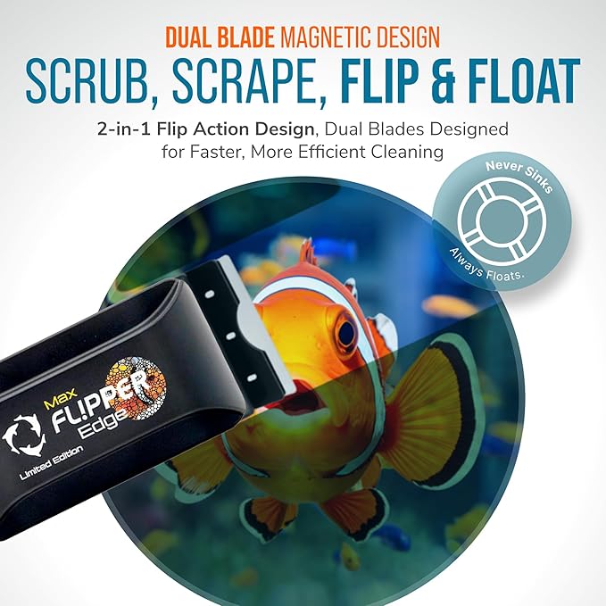 FLIPPER EDGE MAX Magnetic 2-in-1 Aquarium Cleaner for Glass and Acrylic Tanks up to 1 Inch (24mm) Thick – Dual Blade Design with Floating Algae Scraper and Cleaning Tool – LTD Clownfish