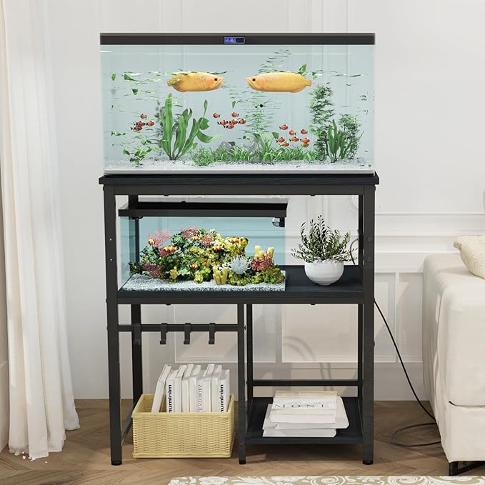 20-29-37 Gallon Fish Tank Stand, 3-Tier Aquarium Stand with Power Outlet Reptile Tank Stand Heavy Duty Terrarium Stand for Home Office, Black