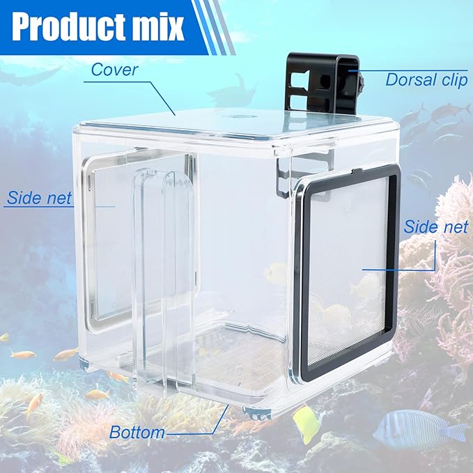 Fish Breeding Box 15x15x15 cm Acrylic Fish Isolation Hatchery Tank Fish Separator Hanging Fish Incubator Box with Detachable Mesh Lid Clear Fish Isolation Box for Baby Fish Newborn Fish Shrimp