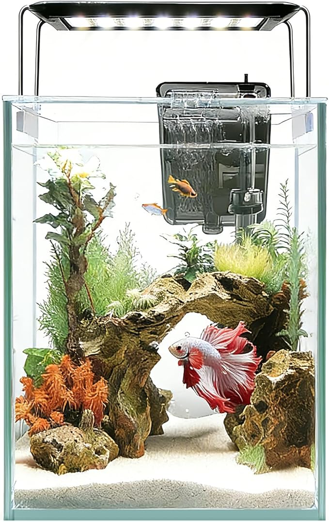 Ultra White Glass Aquarium Starter Kits 1.5 Gallon Small Fish Tank, Betta Fish Tank with LED Light, Power Filter, for Home Office Deco, 4mm Glass