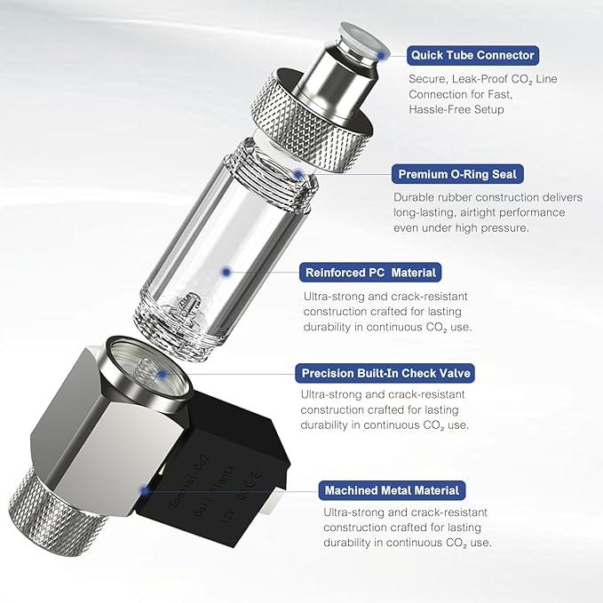 FZONE All-in-One CO₂ Solenoid Valve with Bubble Counter for CO₂ Aquarium System, Screw Connection