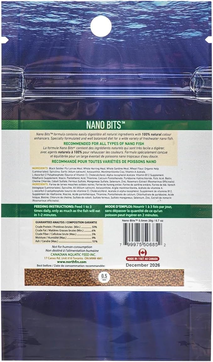 Northfin Nano Bits Premium Fish Food - 0.5mm Slow Sinking Pellets for Nano Fish, Betta, and Danios - High Protein, Insect-Based Formula with Omega-3, Spirulina, and Natural Color Enhancers (20g)