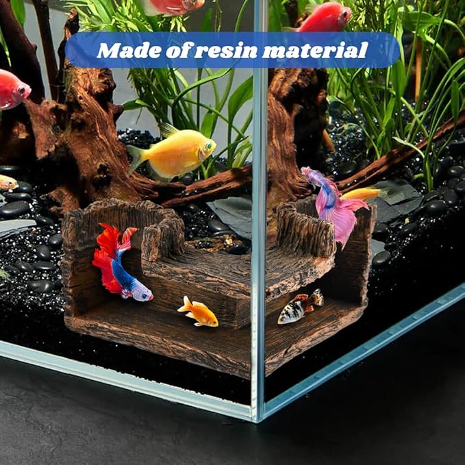Aquarium Underground Corner Cave with 2 Simulated Resin Coral, Natural-Looking Wood-Like Bet-ta Fish Hideout Fish Tank Decorations, for Avoid Aggressive Behavior