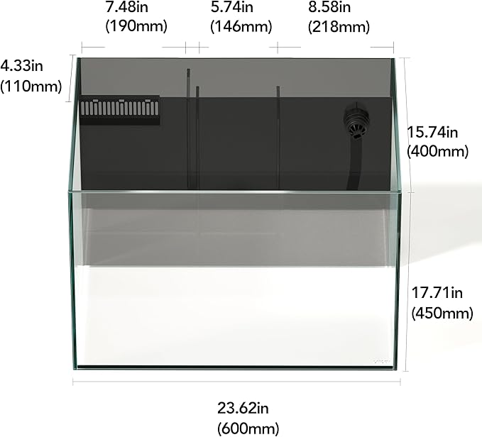 Landen 60P 26.23 Gallon Ultra Clear All Glass Rimless Low Iron Aquarium Tank with Rear Filtration Chamber for Salt and Fresh (Return Pump Included) 23.6Wx17.7Dx15.8H in(60x45x40cm) 8mm Thickness