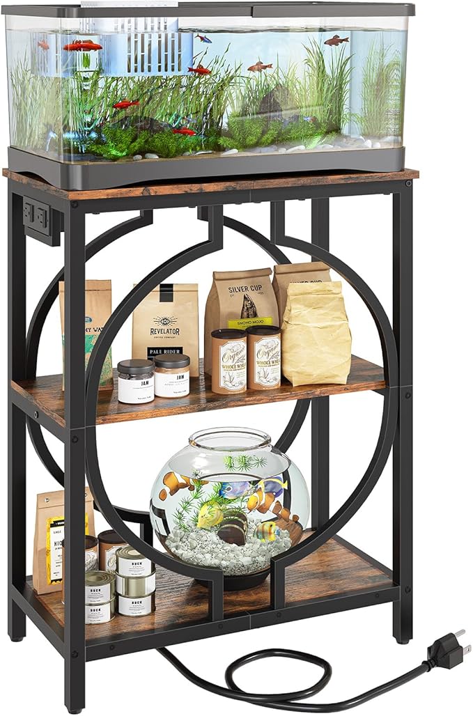 HavenlyYouth 10 Gallon Aquarium Stand with Power Outlet, 3 Tier Heavy Duty Metal Fish Tank Stand with Storage, Fish Tank Table for Home Office, 21.3" x 11.8" x 29", Rustic Brown