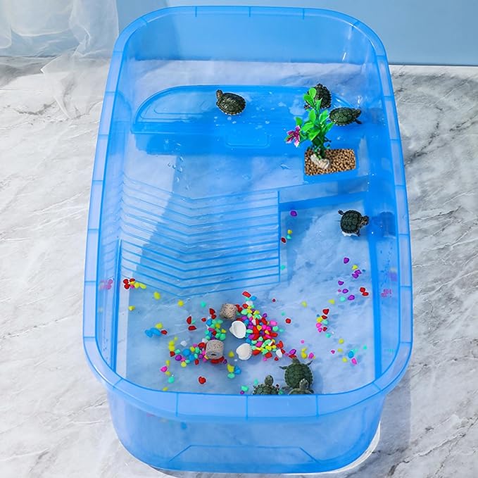 Turtle Aquarium Tank with Platform Habitat for Terrapins - Transparent, Multi-Function Areas, Bottom Drainage-Plug - Blue, Purple, or Orange
