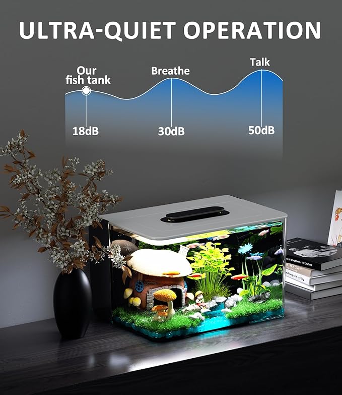 Betta Fish Tank Kit 2.5 Gallon Aquarium with Heater, Hidden Filtration, Light, Lid, Small Acrylic Tank for Beta, Shrimp, Guppy