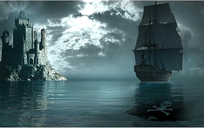 Pirate Ship Aquarium Background Night Gothic Castle Scenery Fish Tank Background Cloudy Vintage Black Pirate Ship Futuristic Ocean Night Landscape Terrarium Backgrounds for Home Tank Decors 72x16in