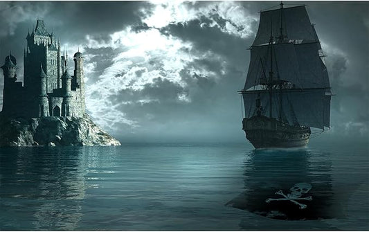 Pirate Ship Aquarium Background Night Gothic Castle Scenery Fish Tank Background Cloudy Vintage Black Pirate Ship Futuristic Ocean Night Landscape Terrarium Backgrounds for Home Tank Decors 72x16in
